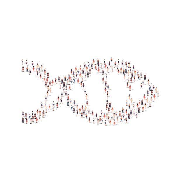 Large group of people silhouette crowded together fish shape isolated on white Vector illustration