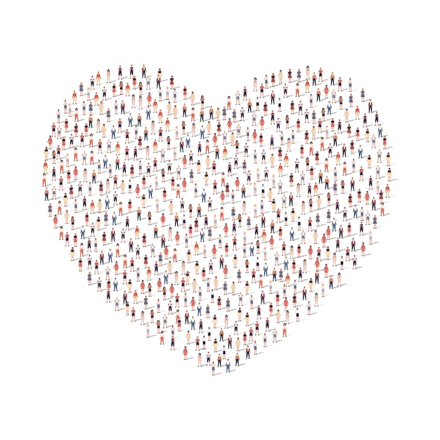 Free vector large group of people silhouette crowded together in heart shape isolated on white background vector