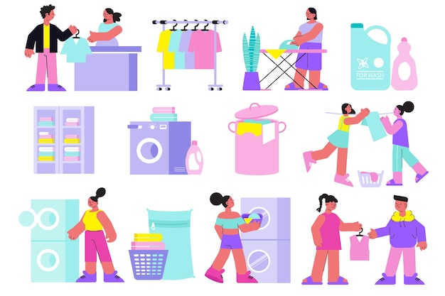 Laundry icons set with clean clothes symbols flat isolated vector illustration