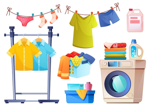 Free Vector laundry room equipment for wash and dry clothes  cartoon set of washing machine basket detergent in bottles powder and rope with hanging underwear and shirts isolated on white wall