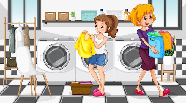 Laundry room scene with two women cartoon character