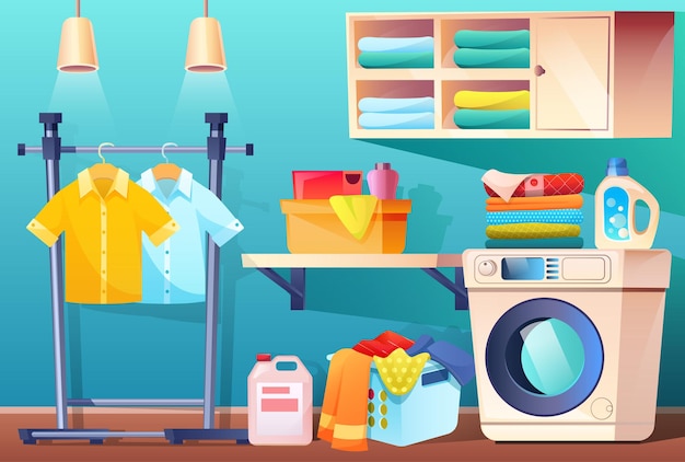 Free vector laundry room with clean or dirty clothes and equipment and furniture bathroom with stuff washing machine basket with dirty stained linen shelf for towels and detergents cartoon  illustration