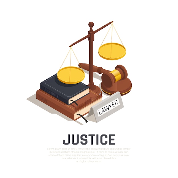 Law isometric composition with mallet legal code book bible and scale of justice symbol