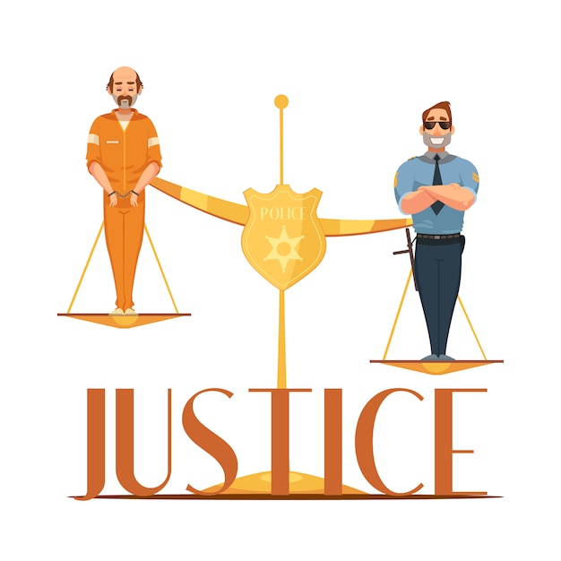 Free vector law jurisdictions and scale of justice symbolic composition with convict and police officer