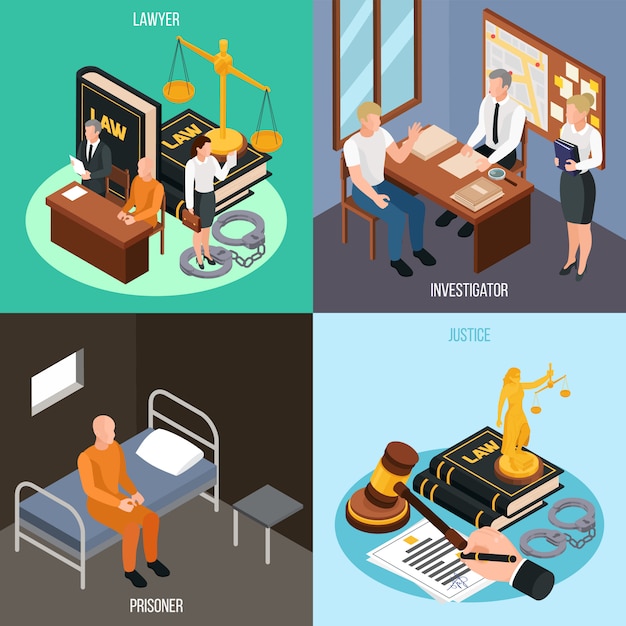 Free Vector law justice 4 isometric concept compositions with investigation convict prison cell court proceedings accessories isolated  illustration