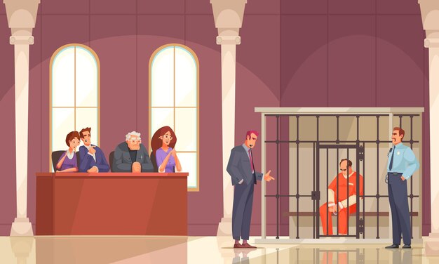 Law justice composition with indoor court scenery and prisoner in cage with trial jury human characters