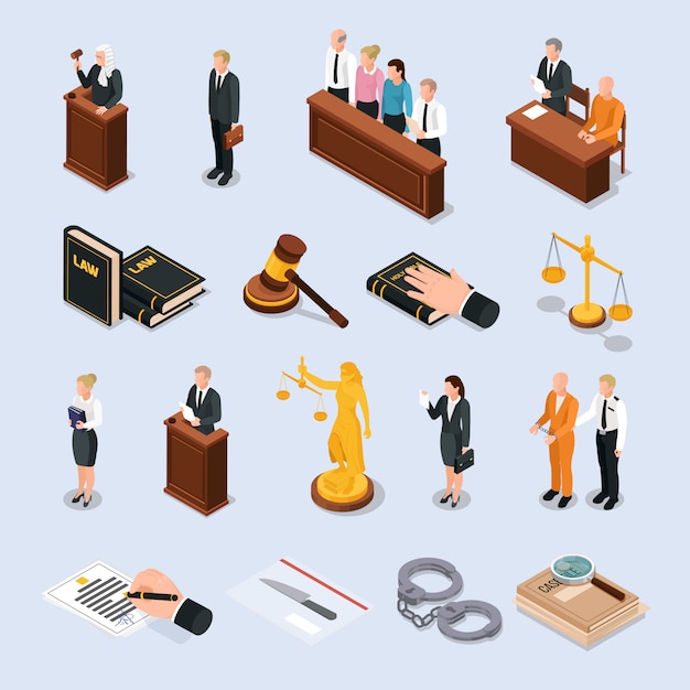 Law justice court characters accessories isometric icons set with convict judge attorney hand on bible  illustration