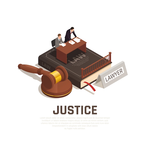 Free Vector law justice court proceedings isometric composition on civil code book with defense lawyer defendant mallet