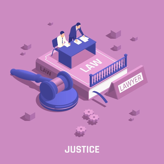 Free Vector law justice isometric composition abstract situation with a lawyer and a defendant sitting at a table vector illustration