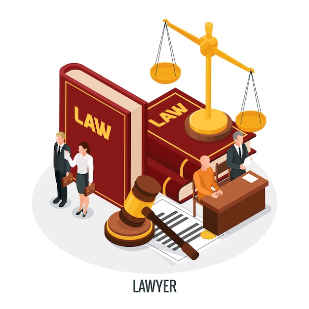 Free Vector law justice isometric composition with small people characters books of law gavel and golden weight vector illustration