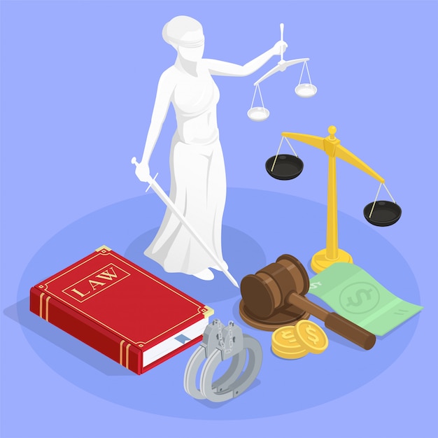 Law justice isometric composition with statue of themis book of law wristbands and other jurisdiction symbols  illustration