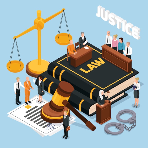 Law justice jury trial legal court proceedings isometric composition with gavel balance defendant judge police  illustration