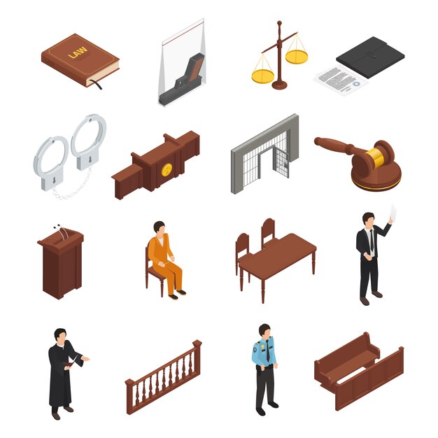 Free Vector law justice symbols isometric icons collection 