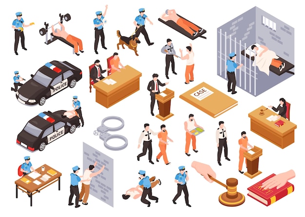 Law and order isometric set of police officers on duties judge and jury trial in court isolated vector illustration