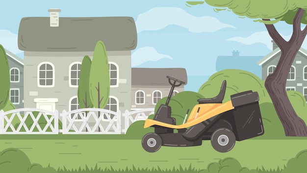 Free Vector lawn mowing cartoon poster with grass cutting machine and country house on background vector illustration