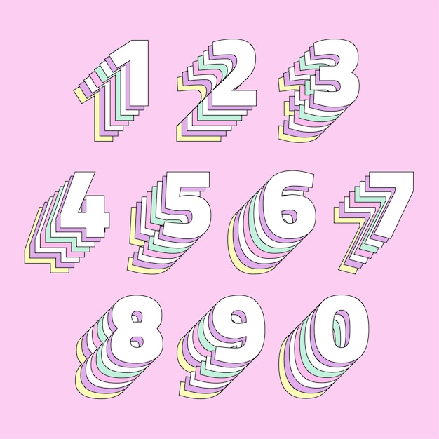 Free Vector layered pastel number set stylized typography