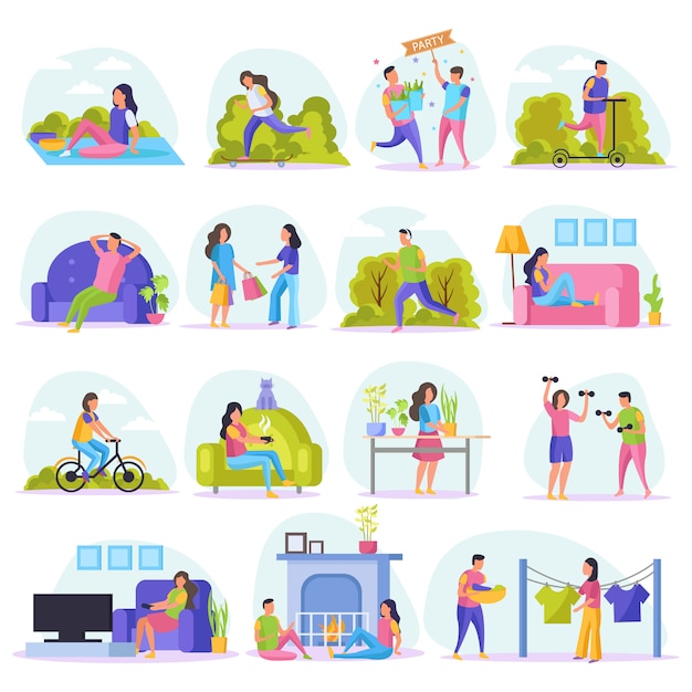 Free Vector lazy weekends people flat icon set with resting people watch tv sit on couch shopping riding in the park and other illustration