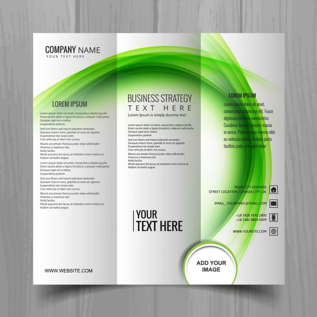 Free vector leaflet with green wavy shapes, three sections