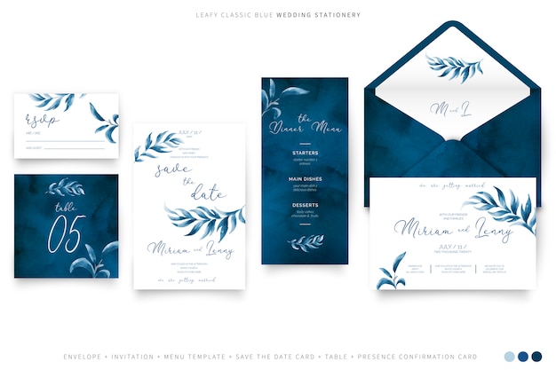 Leafy wedding stationery in classic blue color