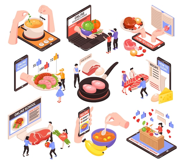 Free Vector learning cooking online isometric set with menu recipes lessons blogs tutorials on tablet mobile screen vector illustration