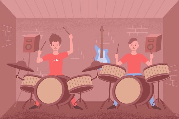 Free Vector learning percussion flat composition with indoor scenery and two drum sets with playing people and loudspeakers illustration