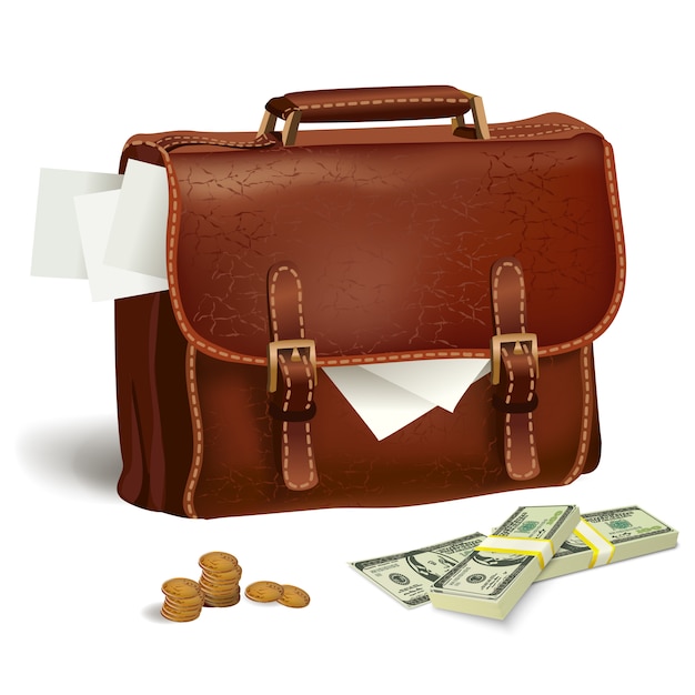 Free Vector leather briefcase with documents and money