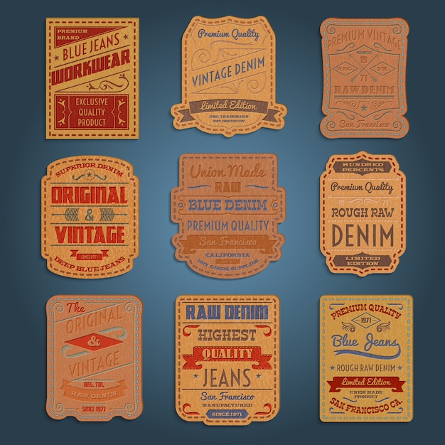 Leather classic denim jeans labels set