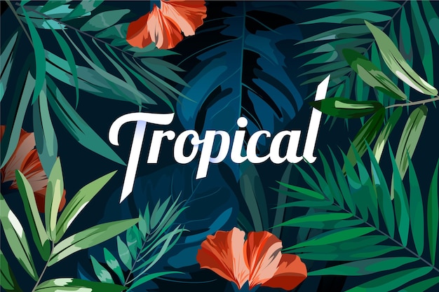 Leaves and red flowers tropical lettering