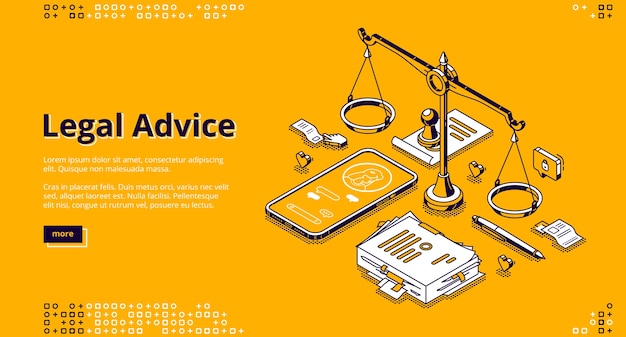 Free vector legal advice isometric landing page. online lawyer assistance for regulation legal issues and compliance to rules. advocate attorney service, 3d line art banner with scales, phone and documents