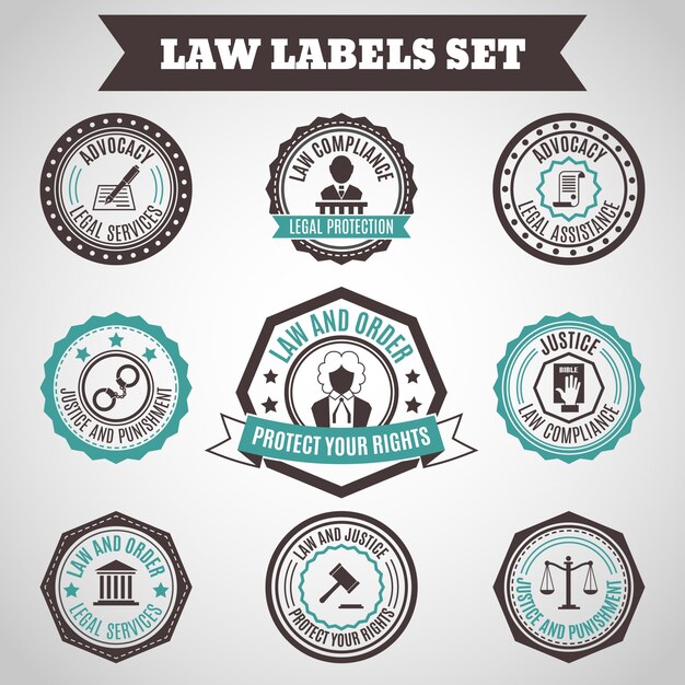 Legal protection services layer crime and punishment labels set isolated vector illustration