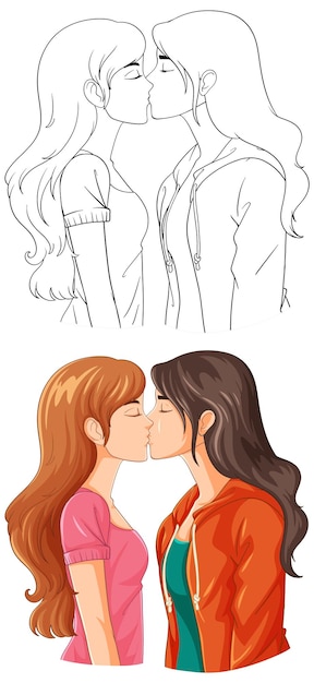 Free Vector lesbian couple cartoon kissing doodle outline