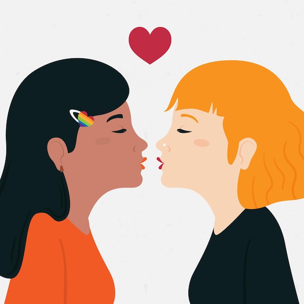 Lesbian couple kiss in flat design style