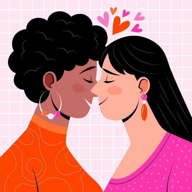 Lesbian couple kiss in flat design style