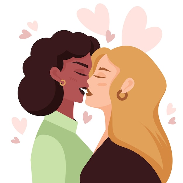 Lesbian couple kiss in flat design style