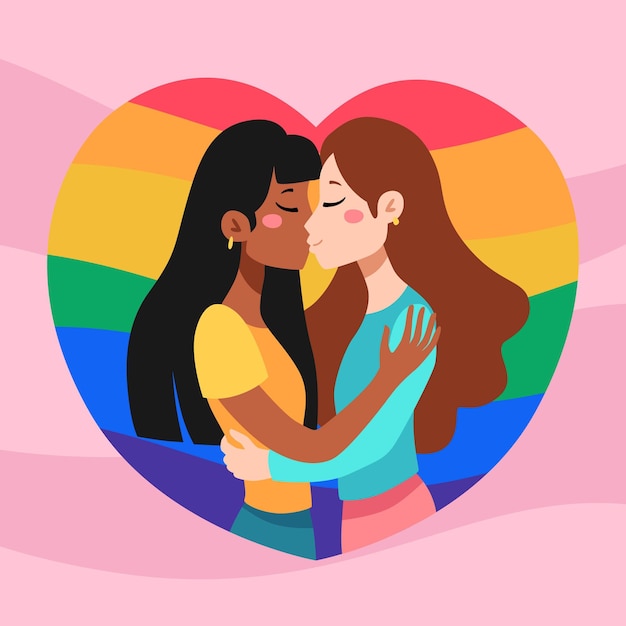 Lesbian couple kiss in hand drawn style