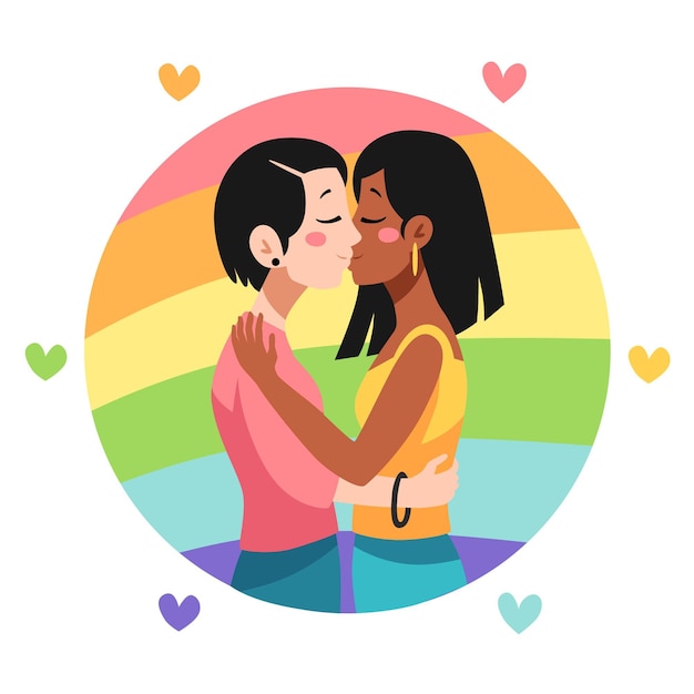 Lesbian couple kiss in hand drawn style