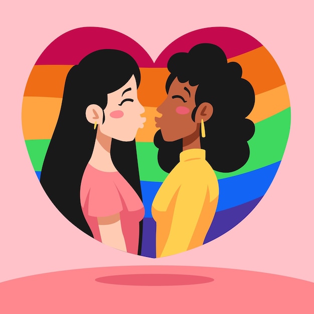 Lesbian couple kiss in hand drawn style