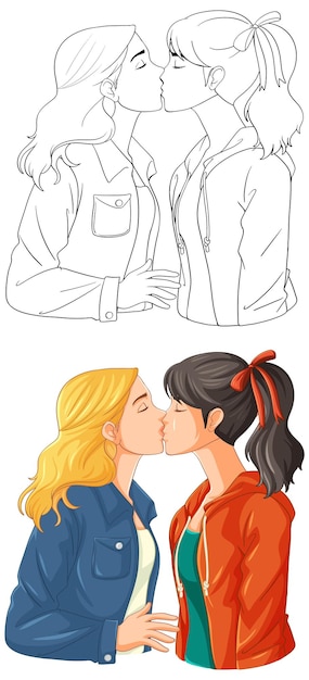 Free Vector a lesbian couple kissing doodle outline