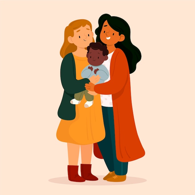 Free Vector lesbian couple with a kid illustrated