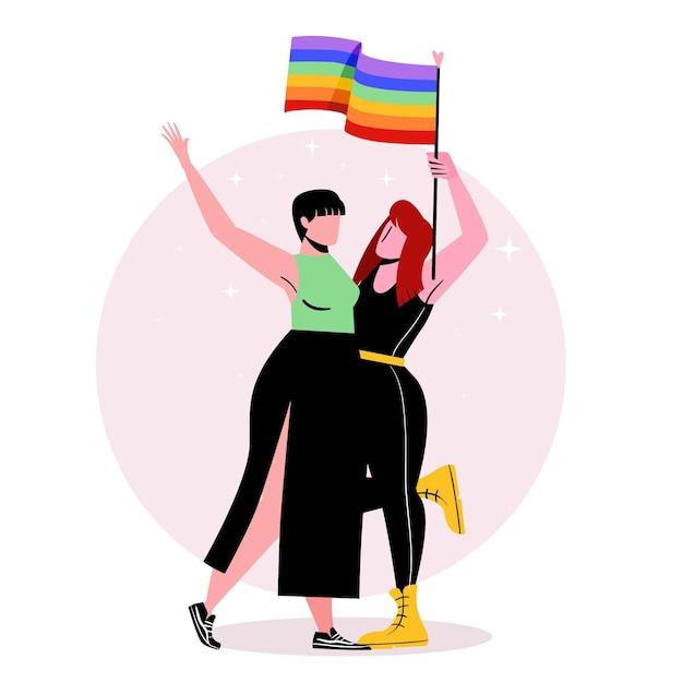 Free Vector lesbian couple with lgbt flag illustrated