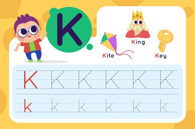 Free Vector letter k worksheet with kite and king