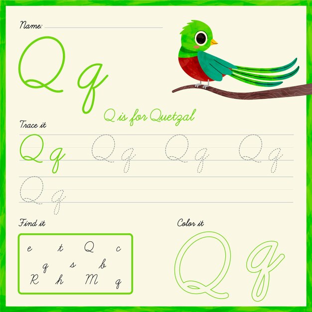 Letter q worksheet quetzal bird