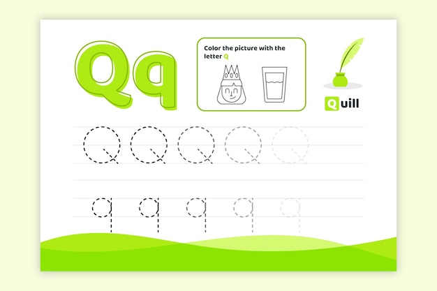 Letter q worksheet with quill