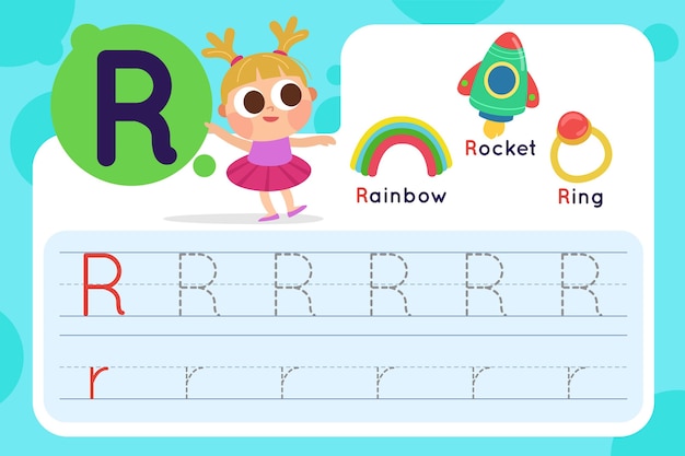 Free Vector letter r worksheet with rainbow and rocket