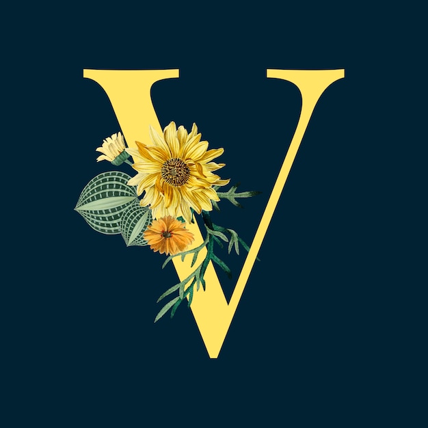 Free Vector letter v with blossoms