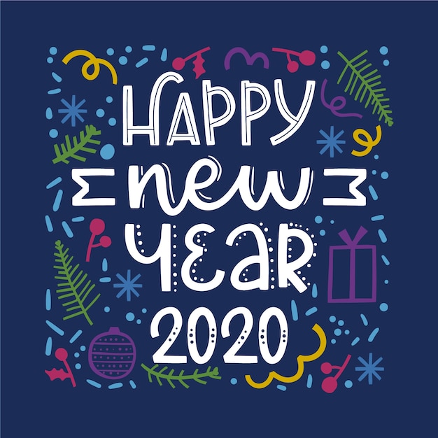 Lettering happy new year 2020 on dark blue background