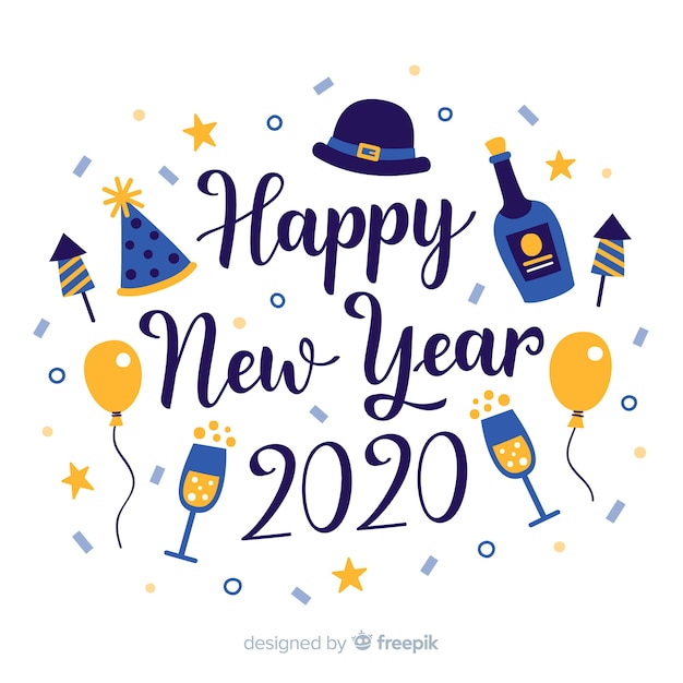 Lettering happy new year 2020 with champagne and balloons