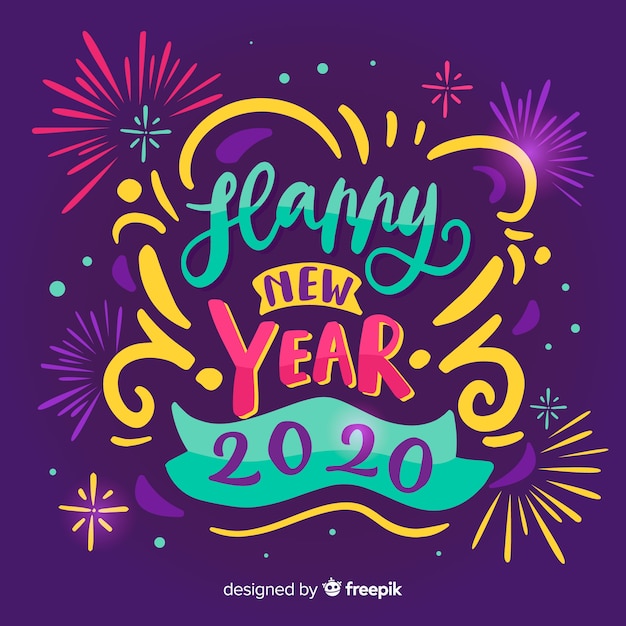 Lettering happy new year 2020 with fireworks