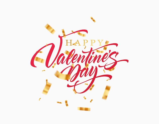 Lettering Happy Valentines day with golden glittering confetti isolated on white background.Vector illustration EPS10