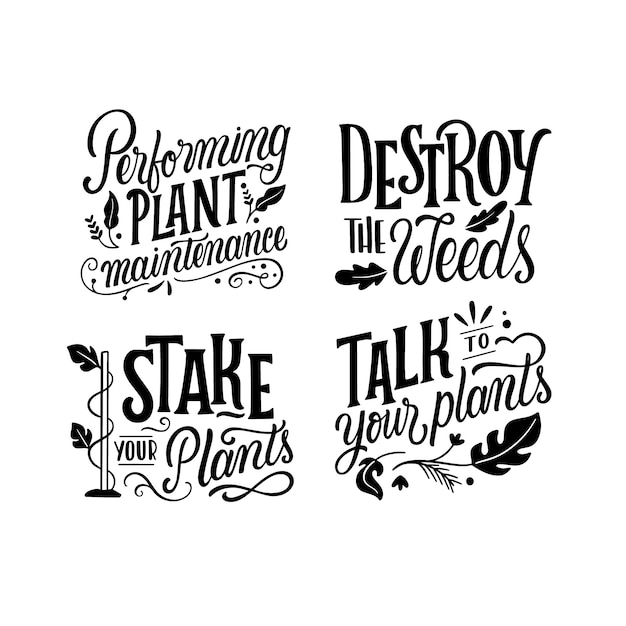 Free Vector lettering plant care and gardening stickers collection